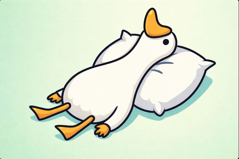 Гусь, лежащий на спине, на подушке